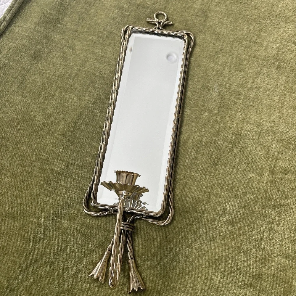 Vtg Hollywood Regency Brass Beveled Mirror Twisted Rope Wall Candle Sconce 17.5